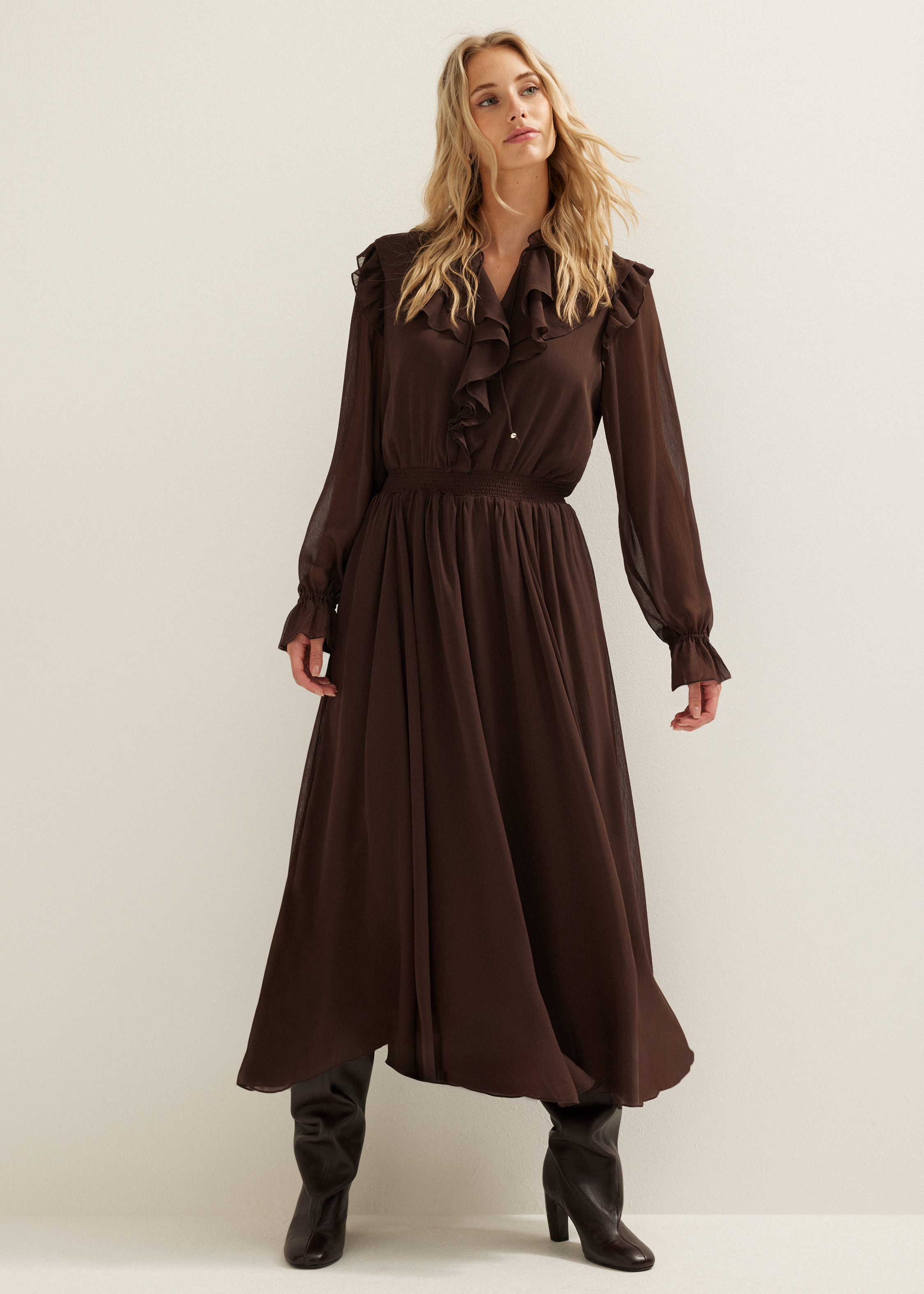 Womens Dresses Cotton Club Maxi Jurk Maxi Jurk Met Ruches Bruin Cotton Club